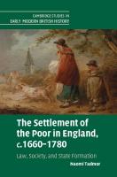 Settlement of the Poor in England, c.16601780: Law, Society, and State Formation
