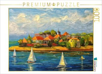 CALVENDO Puzzle Dorf auf einer Halbinsel in einem gro&szlig;en See | 1000 Teile Lege-Gr&ouml;&szlig;e 64x48cm Foto-Puzzle f&uuml;r gl&uuml;ckliche: Idyllische Architektur in der Landschaft