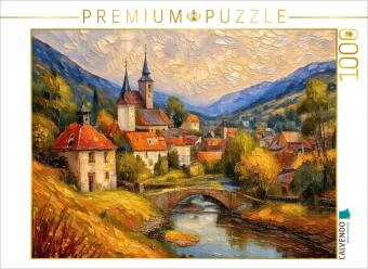 CALVENDO Puzzle Dorf an einer steinernen Br&uuml;cke | 1000 Teile Lege-Gr&ouml;&szlig;e 64x48cm Foto-Puzzle f&uuml;r gl&uuml;ckliche Stunden: Idyllische Architektur in der Landschaft