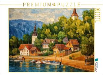 CALVENDO Puzzle Dorf an einem kleinen Badesee | 1000 Teile Lege-Gr&ouml;&szlig;e 64x48cm Foto-Puzzle f&uuml;r gl&uuml;ckliche Stunden: Idyllische Architektur in der Landschaft